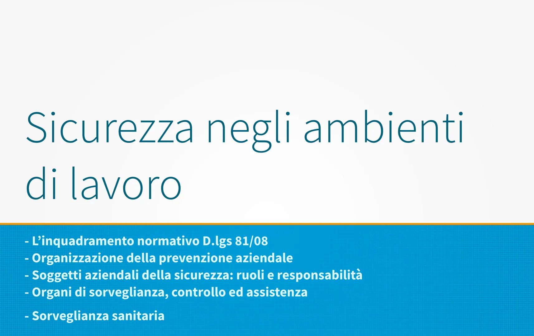 Sicurezza negli ambienti
di lavoro
- L'inquadramento normativo D.lgs 81/08
- Organizzazione della prevenzione aziendale
- Soggetti aziendali