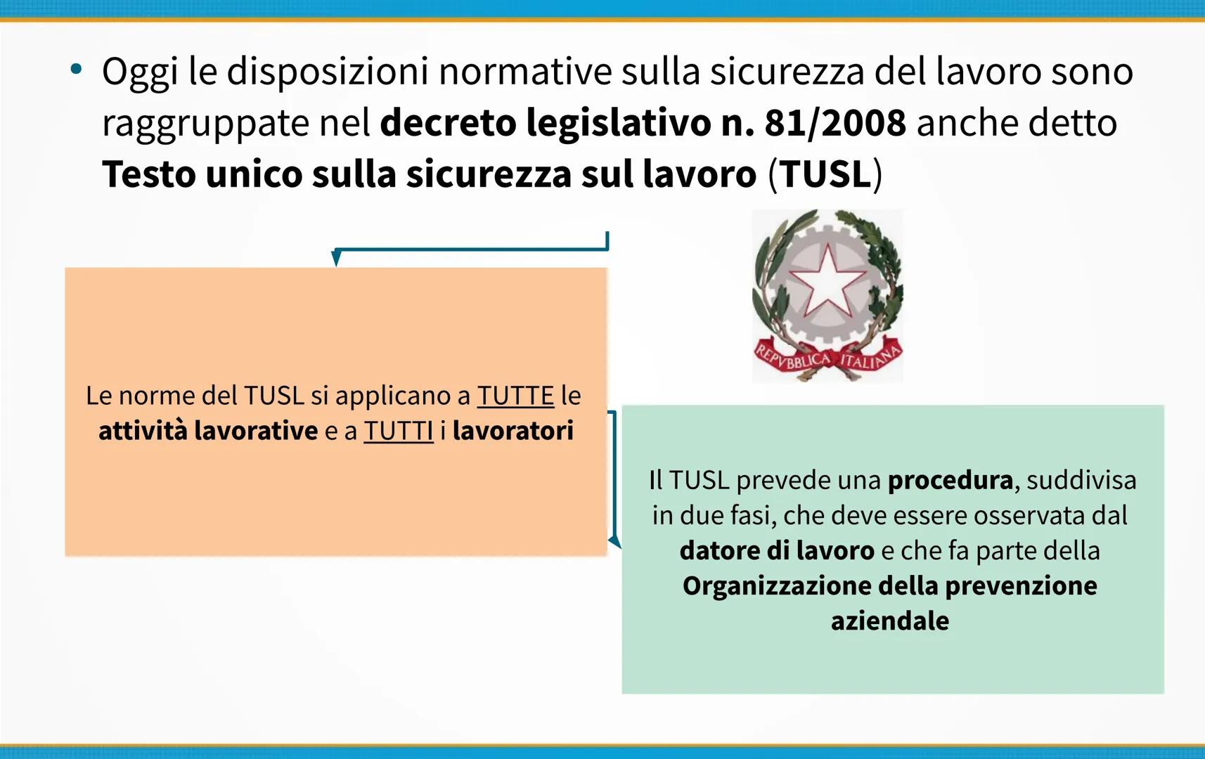 Sicurezza negli ambienti
di lavoro
- L'inquadramento normativo D.lgs 81/08
- Organizzazione della prevenzione aziendale
- Soggetti aziendali