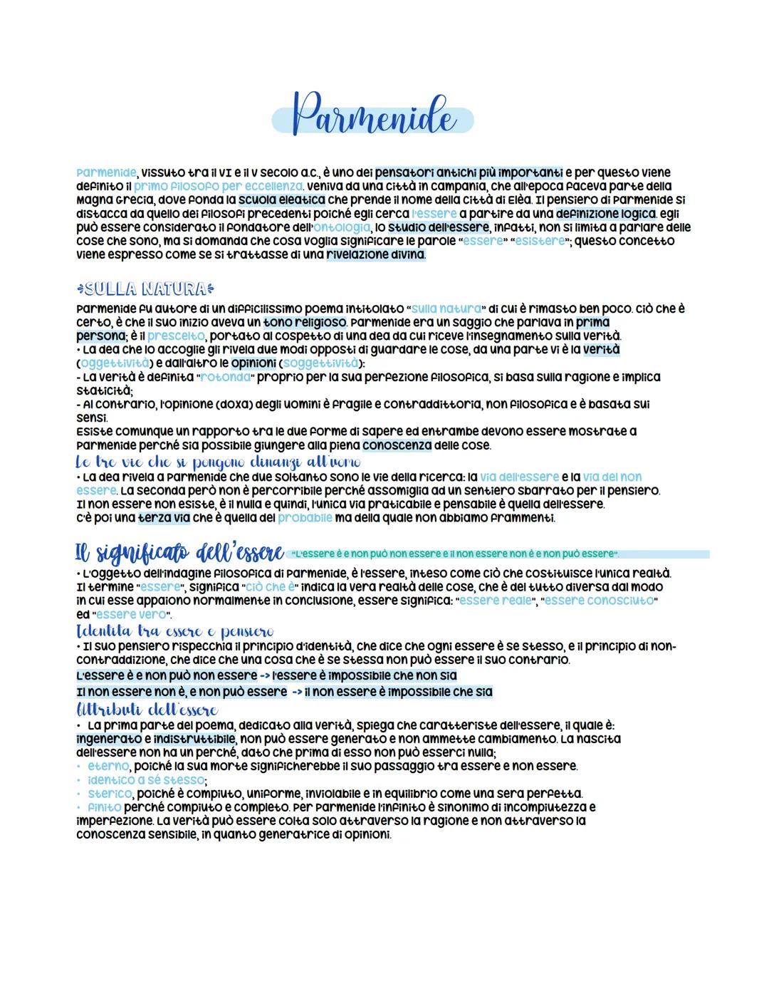 Parmenide
Parmenide, vissuto tra il VI e il v secolo a.c., è uno dei pensatori antichi più importanti e per questo viene
definito il primo P