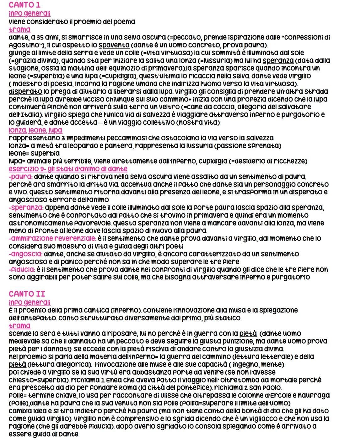 CANTO 1
info generali
viene considerato il proemio del poema
trama
dante, a 35 anni, si smarrisce in una selva oscura (=peccato, prende ispi