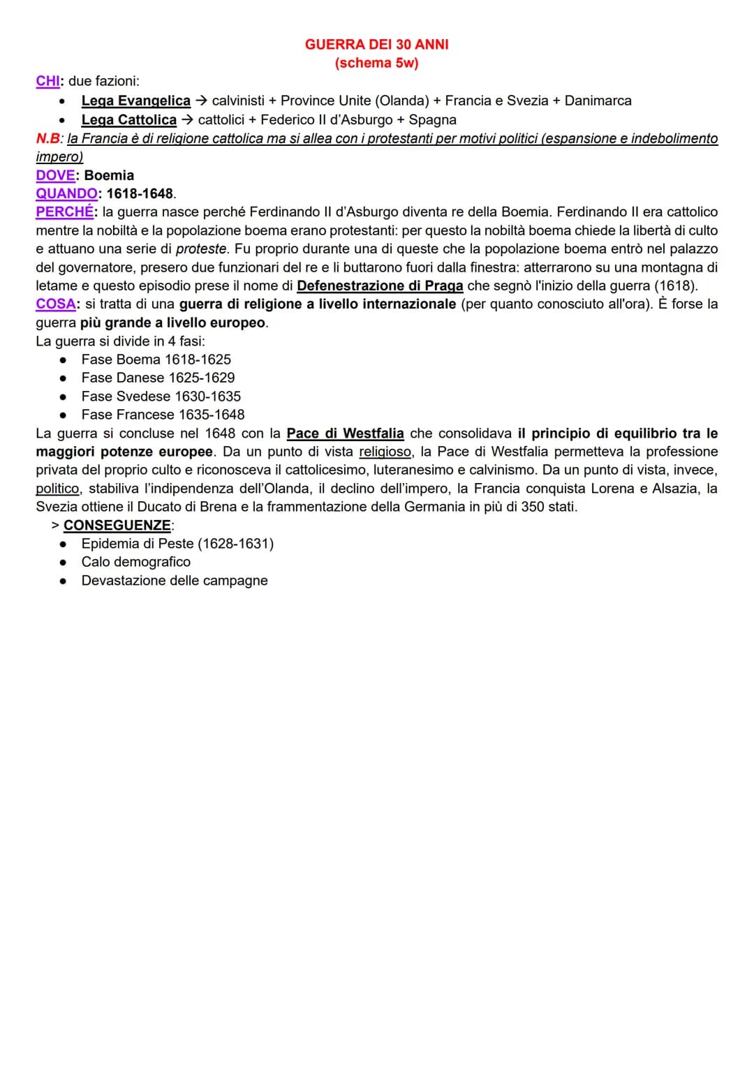 CHI: due fazioni:
Lega Evangelica → calvinisti + Province Unite (Olanda) + Francia e Svezia + Danimarca
Lega Cattolica cattolici + Federico 