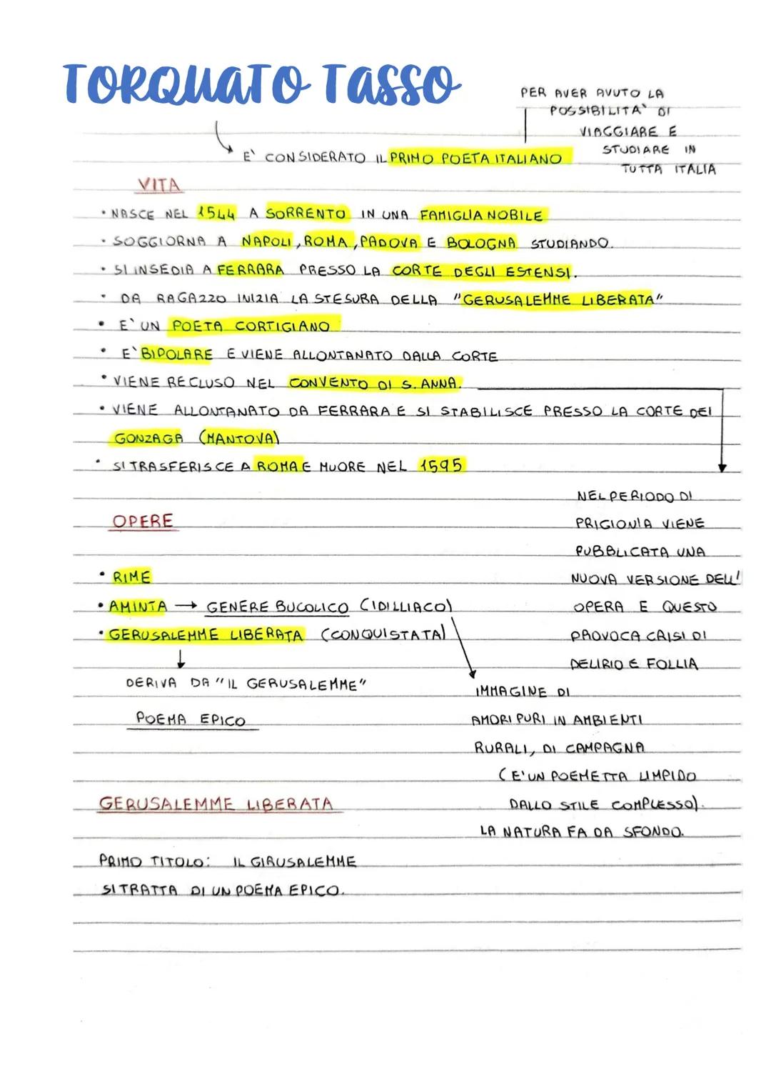 TORQUATO Tasso
E CONSIDERATO IL PRIMO POETA ITALIANO
OPERE
VITA
• NASCE NEL 1544 A SORRENTO IN UNA FAMIGLIA NOBILE
• SOGGIORNA A NAPOLI, ROM