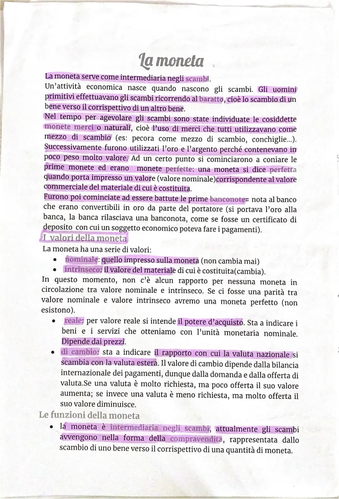 La moneta
La moneta serve come intermediaria negli scambi.
Un'attività economica nasce quando nascono gli scambi. Gli uomini
primitivi effet