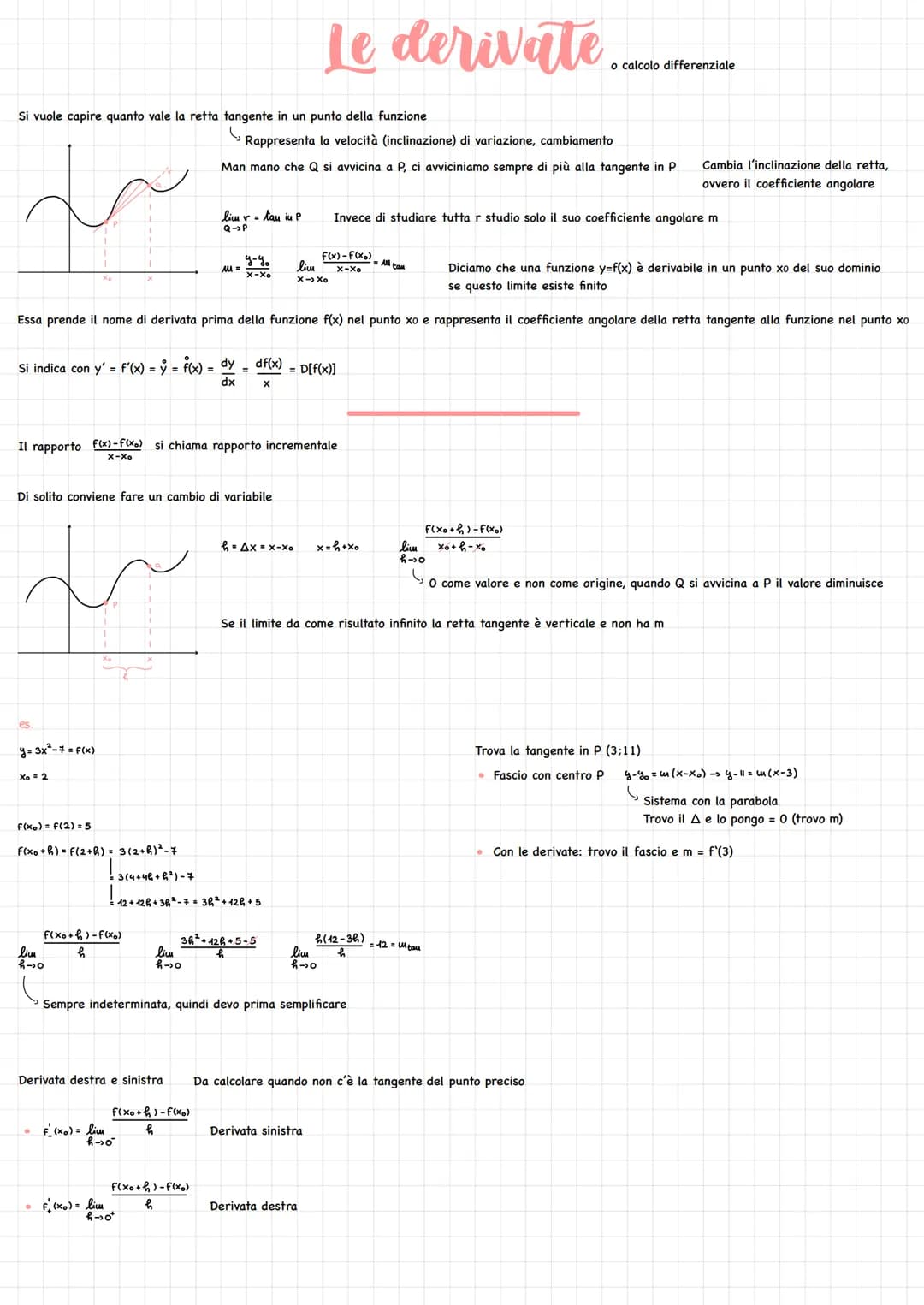 Si vuole capire quanto vale la retta tangente in un punto della funzione
es.
Si indica con y' = f'(x) = y = f(x) = dy df(x)
=
dx
X
y=3x²-7 =