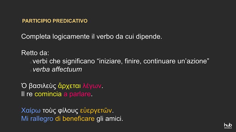 ΚΡΑΤΟΥΣ ΦΙΛΟΣΕ Ε
ΤΟΣΑΓΟΡΑΝΟΜΗ
IL PARTICIPIO PREDICATIVO
Ε
ΑΙΦΙΛΟΤΕΙΜΟ PARTICIPIO PREDICATIVO
Completa logicamente il verbo da cui dipende.
R