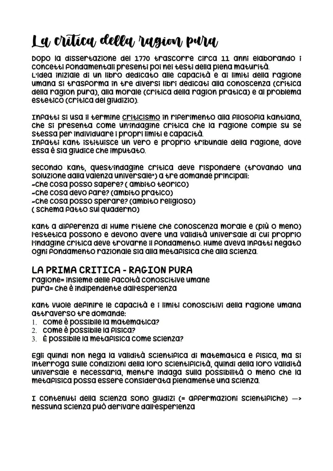 La critica della ragion pura
Dopo la dissertazione del 1770 trascorre circa 11 anni elaborando i
concetti fondamentali presenti poi nei test