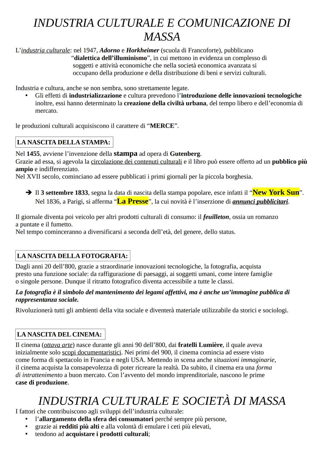 # INDUSTRIA CULTURALE E COMUNICAZIONE DI
MASSA

L'industria culturale: nel 1947, Adorno e Horkheimer (scuola di Francoforte), pubblicano
"di