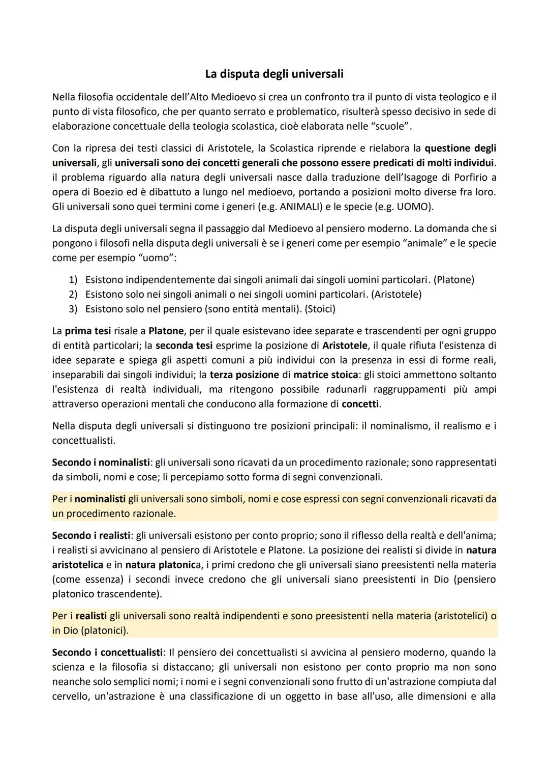 La disputa degli universali
Nella filosofia occidentale dell'Alto Medioevo si crea un confronto tra il punto di vista teologico e il
punto d