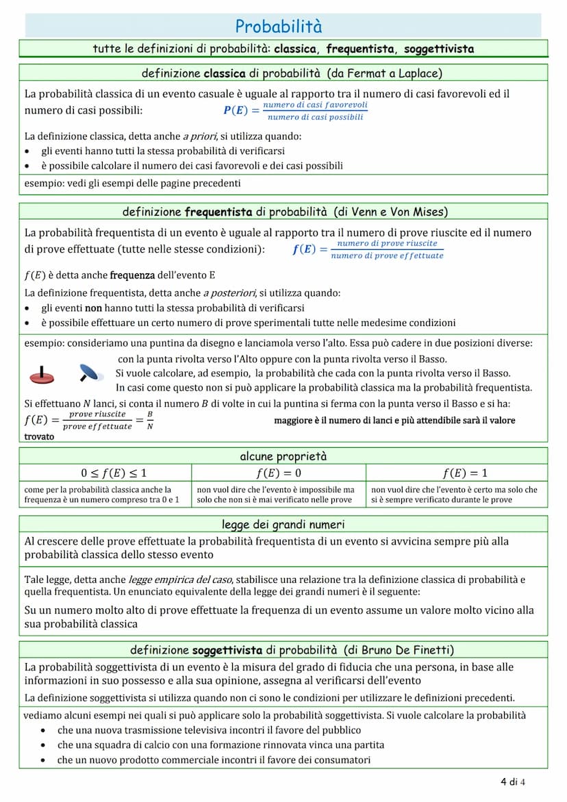 Probabilità
definizione classica di probabilità
numero di casi favorevoli
numero di casi possibili
P(E) è la probabilità che si verifichi l'