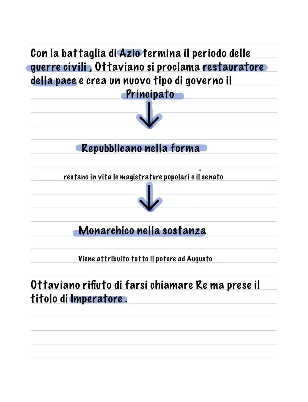 Con la battaglia di Azio termina il periodo delle
guerre civili, Ottaviano si proclama restauratore
della pace e crea un nuovo tipo di gover