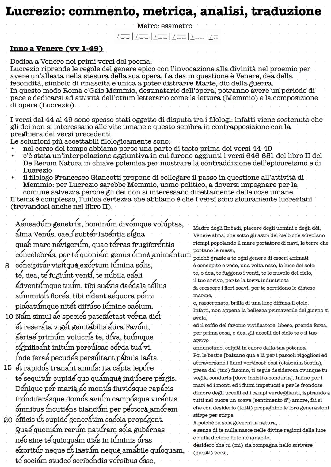 Lucrezio: commento, metrica, analisi, traduzione
Metro: esametro
27|⌒⌒|⌒|||
Inno a Venere (vv 1-49)
Dedica a Venere nei primi versi del poem