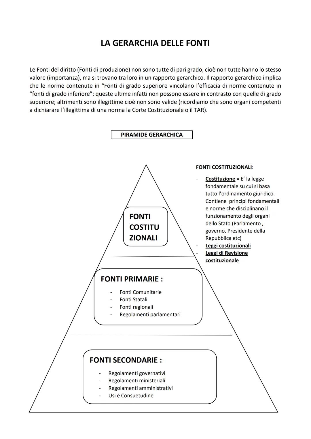 LA GERARCHIA DELLE FONTI
Le Fonti del diritto (Fonti di produzione) non sono tutte di pari grado, cioè non tutte hanno lo stesso
valore (imp