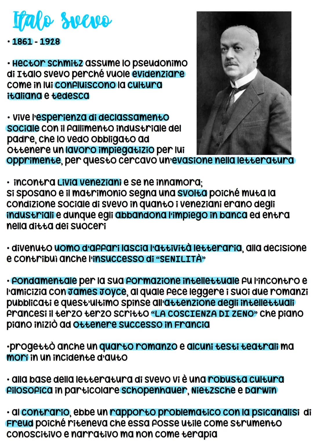 ●
Italo Svevo
1861-1928
• Hector Schmitz assume lo pseudonimo
di Italo svevo perché vuole evidenziare
come in lui confluiscono la cultura
it