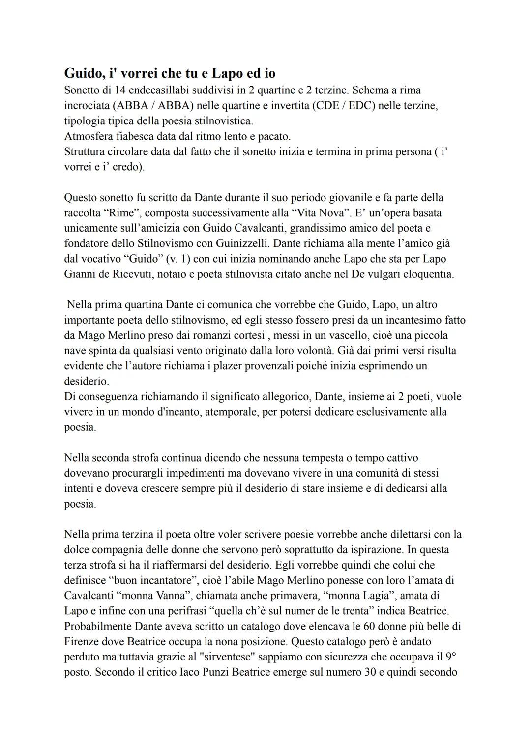 Guido, i' vorrei che tu e Lapo ed io
Sonetto di 14 endecasillabi suddivisi in 2 quartine e 2 terzine. Schema a rima
incrociata (ABBA / ABBA)