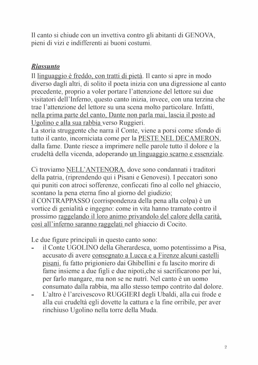 Divina Commedia, Dante Alighieri
Inferno, Canto 33
Canto più tragico, NONO CERCHIO, diviso in 4 zone di
GHIACCIO.
Zone ognuna corrispondente
