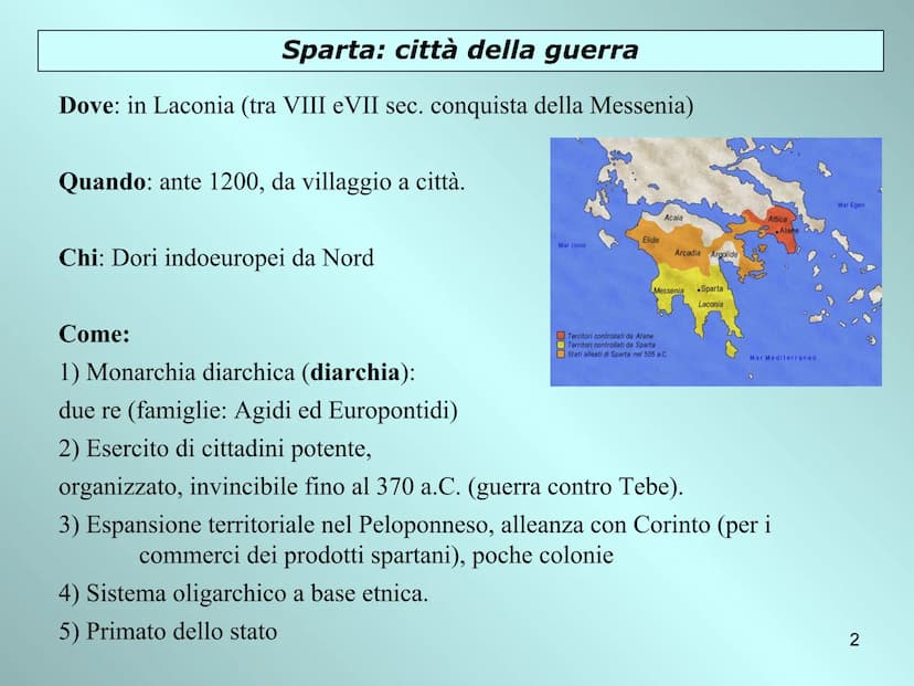 Sparta e Atene
due opposti
modelli politici
i
Licurgo
Solone
1 Sparta: città della guerra
Dove: in Laconia (tra VIII eVII sec. conquista del