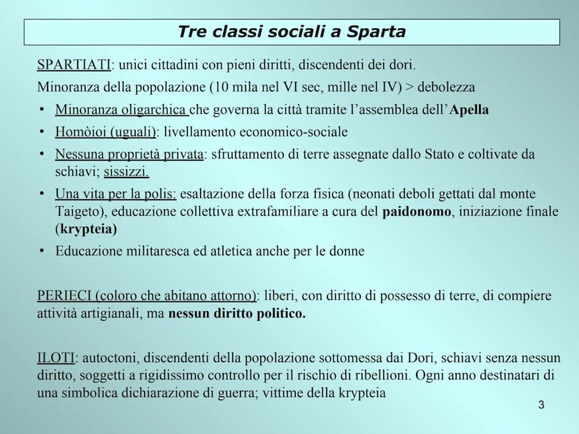 Sparta e Atene
due opposti
modelli politici
i
Licurgo
Solone
1 Sparta: città della guerra
Dove: in Laconia (tra VIII eVII sec. conquista del