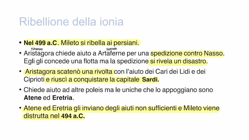 Guerre persiane
Dopo aver conquistato la Tracia e la Macedonia, Dario, parte verso la
Grecia per conquistare le città ionie Ribellione della
