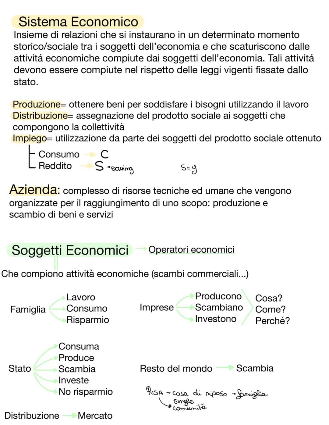 Sistema Economico
Insieme di relazioni che si instaurano in un determinato momento
storico/sociale tra i soggetti dell'economia e che scatur