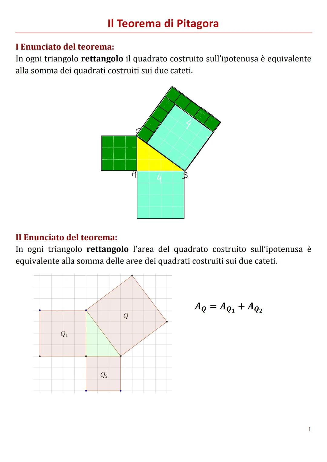 I Enunciato del teorema:
In ogni triangolo rettangolo il quadrato costruito sull'ipotenusa è equivalente
alla somma dei quadrati costruiti s