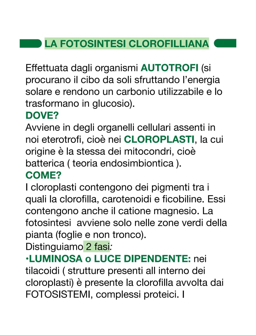 LA FOTOSINTESI CLOROFILLIANA
Effettuata dagli organismi AUTOTROFI (si
procurano il cibo da soli sfruttando l'energia
solare e rendono un car