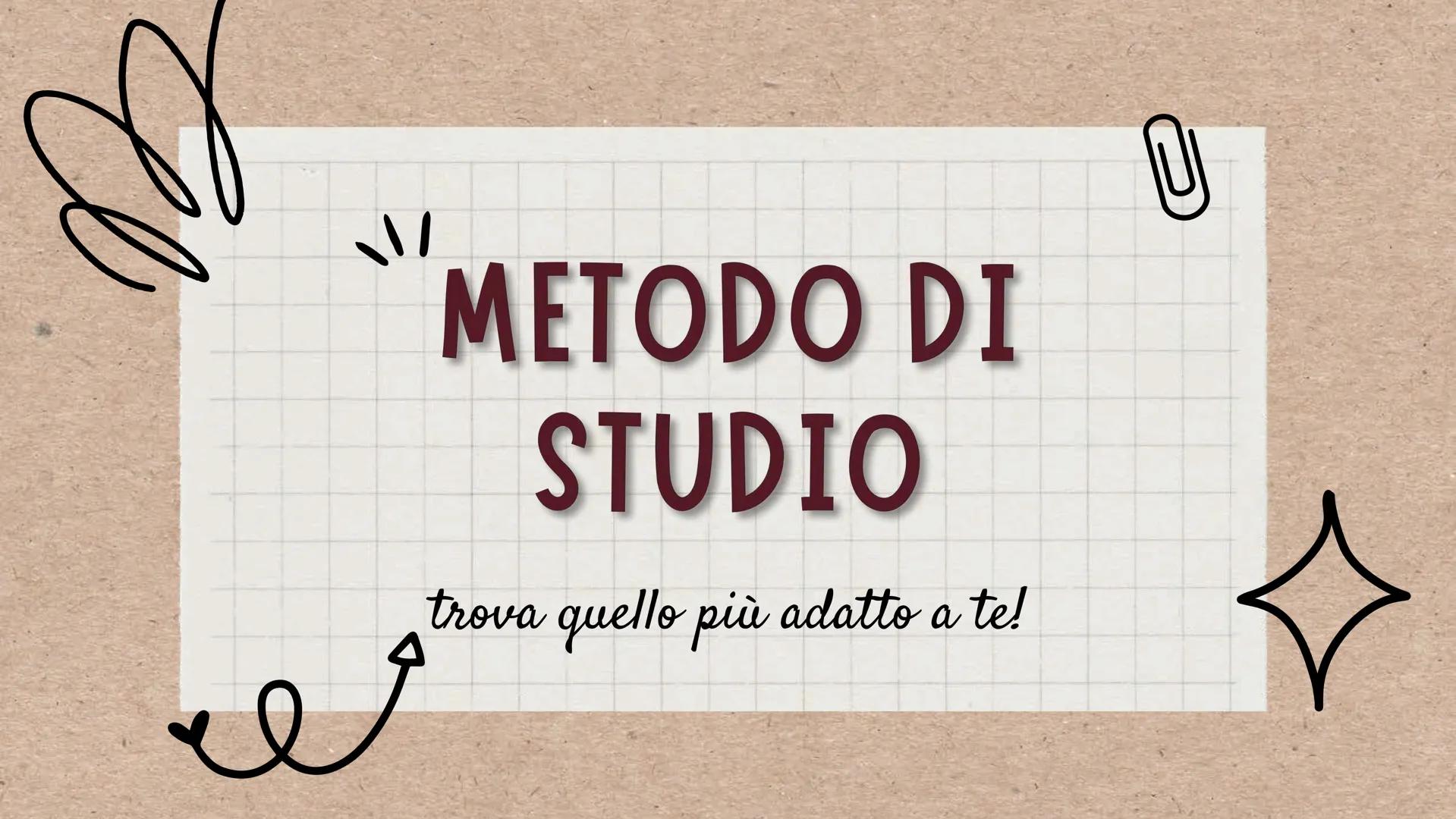 ### METODO DI
## STUDIO
trova quello più adatto a te! # PASSAGGI ESSENZIALI

prestare
attenzione

prendere
appunti a
leizone

lettura del
ma