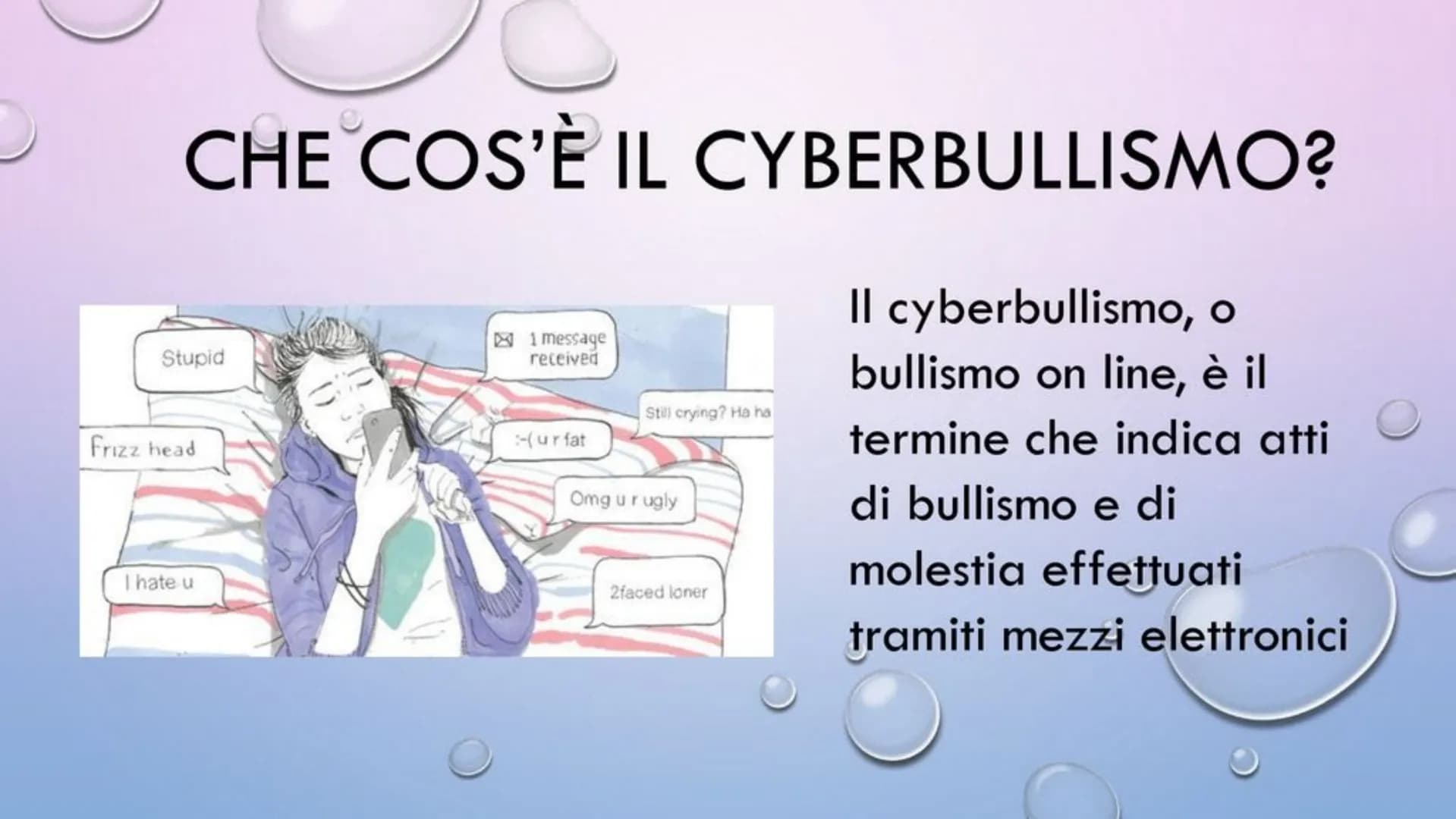 CHE COS'È IL CYBERBULLISMO?
Il cyberbullismo, o
bullismo on line, è il
termine che indica atti
di bullismo e di
molestia effettuati
tramiti 