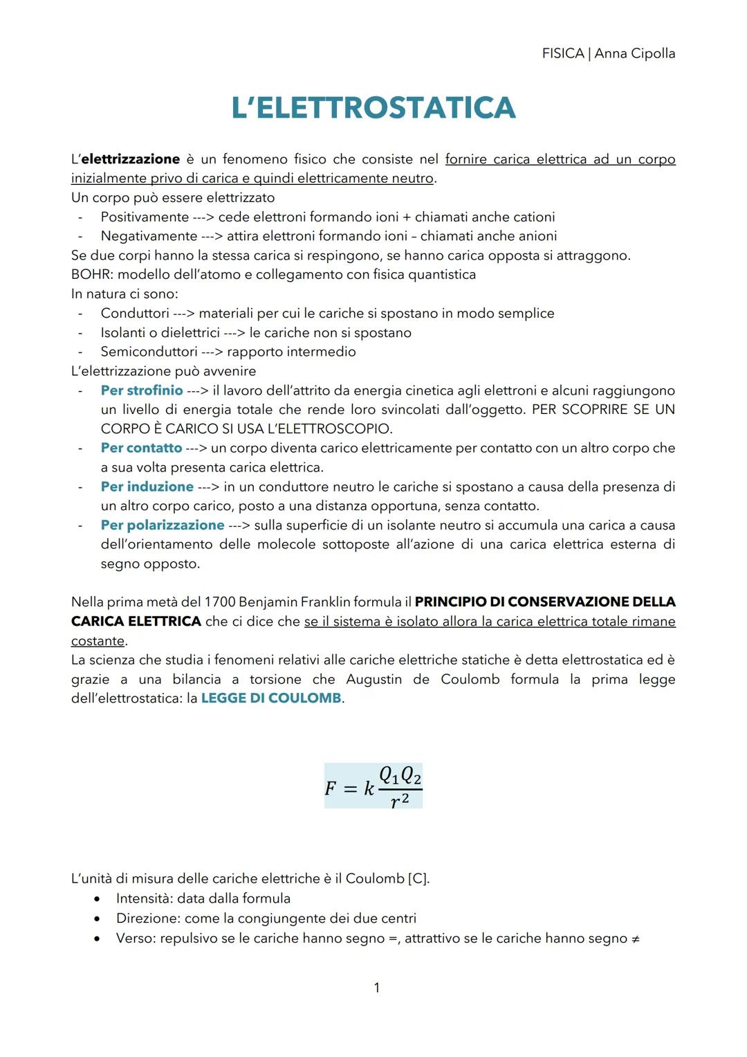 FISICA | Anna Cipolla

# L'ELETTROSTATICA

L'elettrizzazione è un fenomeno fisico che consiste nel fornire carica elettrica ad un corpo
iniz