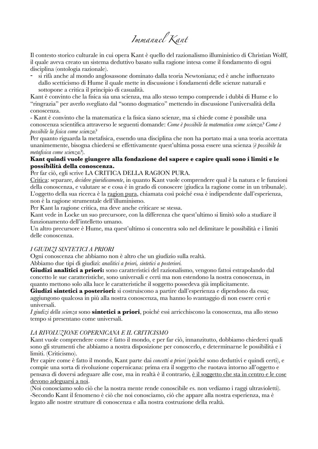 Immanuel Kant
Il contesto storico culturale in cui opera Kant è quello del razionalismo illuministico di Christian Wolff,
il quale aveva cre