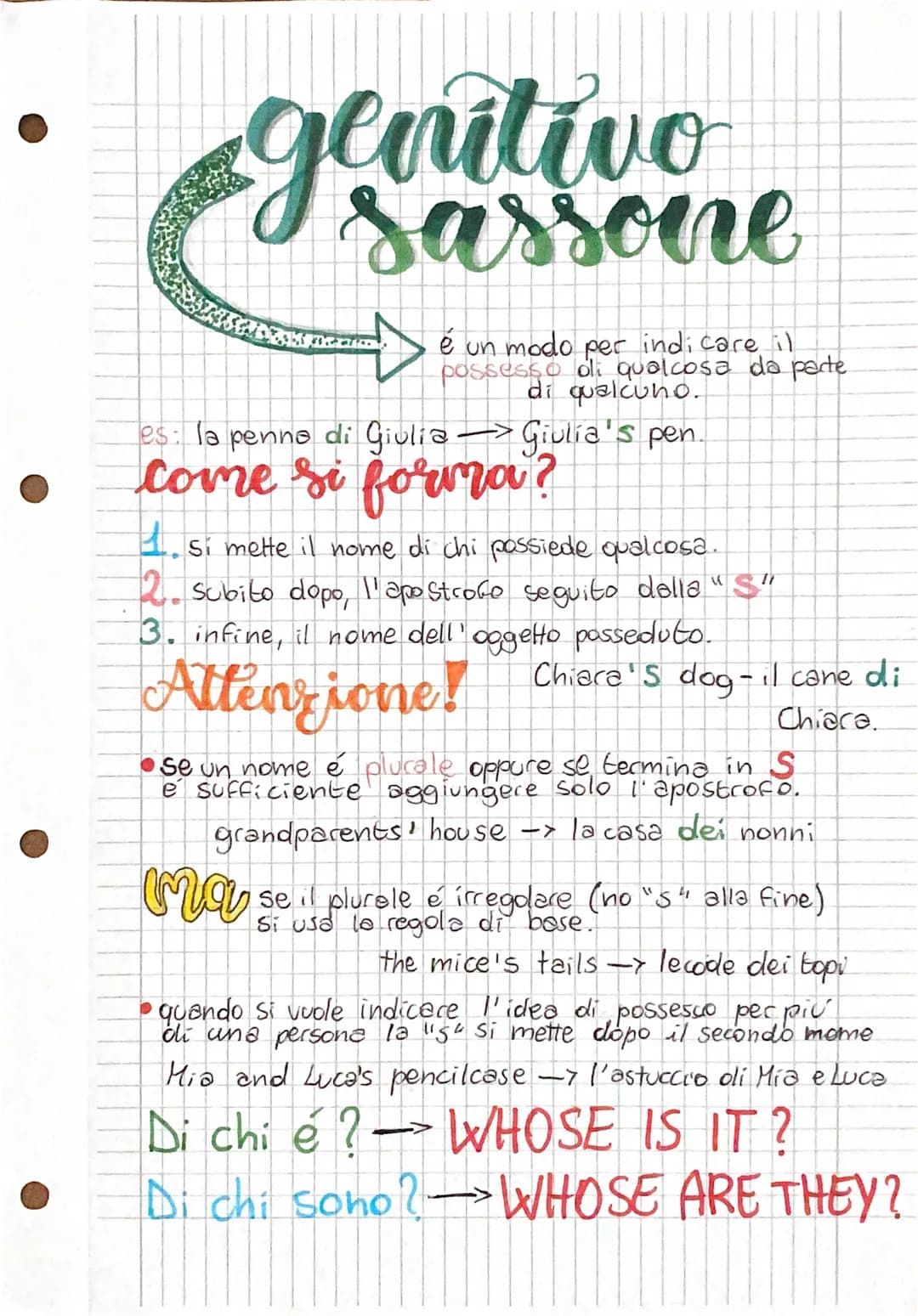 genitivo
sassone
es: la penne di Giulia —> Giulia's pen.
come si forma?
1. si mette il nome di chi possiede qualcosa.
2. Subito dopo l'apost