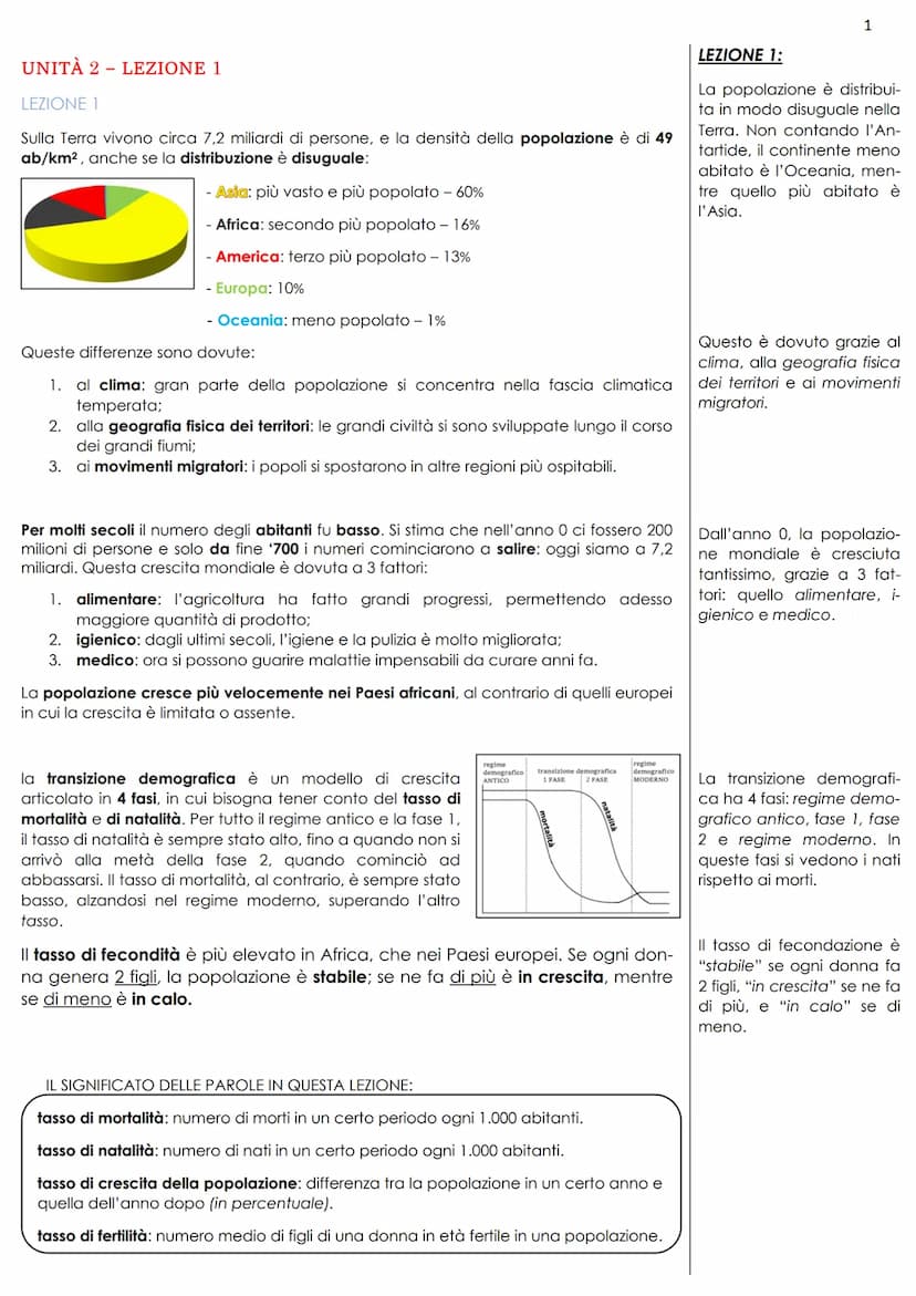 UNITÀ 2 - LEZIONE 1
LEZIONE 1
Sulla Terra vivono circa 7,2 miliardi di persone, e la densità della popolazione è di 49
ab/km², anche se la d