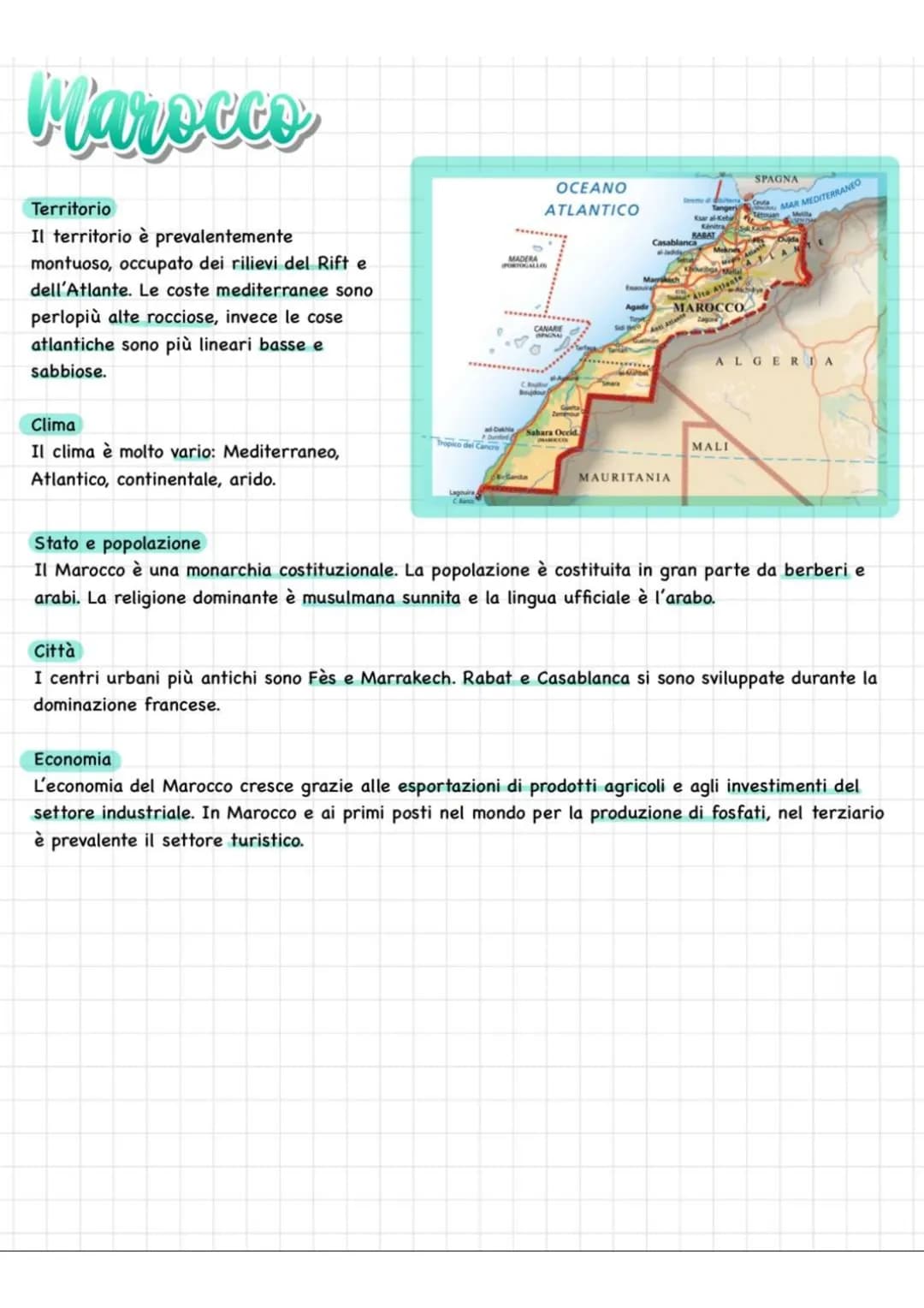 Marocco
Territorio
Il territorio è prevalentemente
montuoso, occupato dei rilievi del Rift e
dell'Atlante. Le coste mediterranee sono
perlop