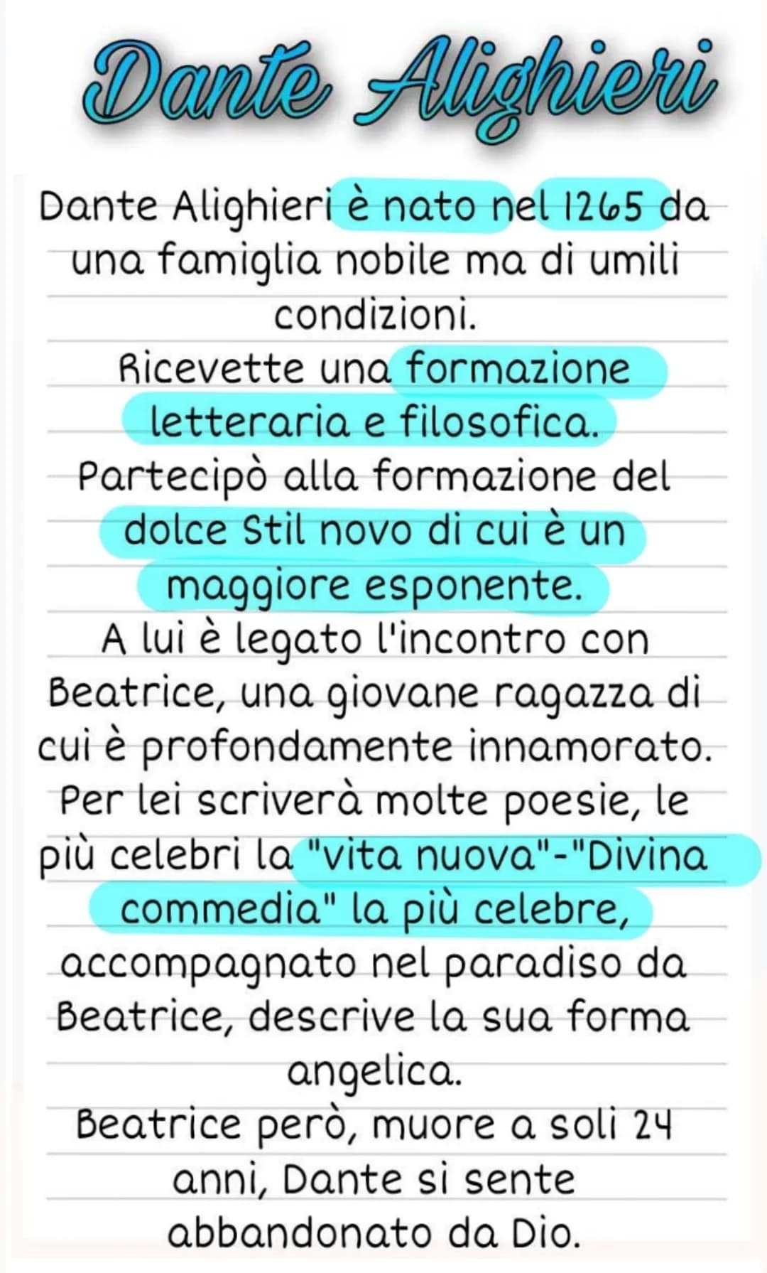 Dante Alighieri
Dante Alighieri è nato nel 1265 da
una famiglia nobile ma di umili
condizioni.
Ricevette una formazione
letteraria e filosof