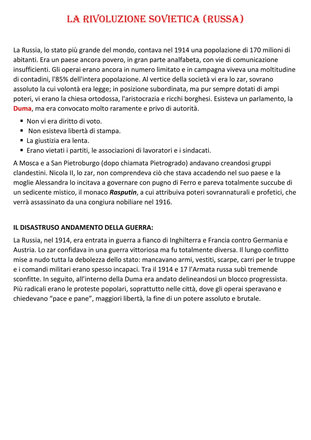 LA RIVOLUZIONE SOVIETICA (RUSSA)
La Russia, lo stato più grande del mondo, contava nel 1914 una popolazione di 170 milioni di
abitanti. Era 