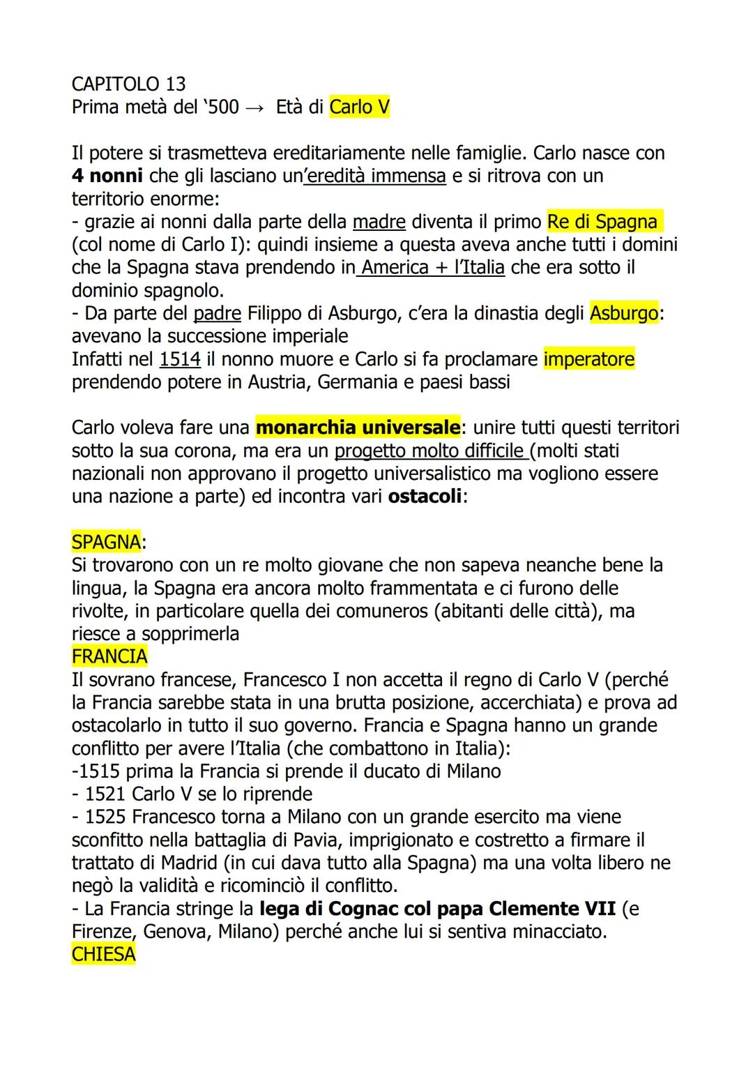 CAPITOLO 13
Prima metà del '500
Età di Carlo V
Il potere si trasmetteva ereditariamente nelle famiglie. Carlo nasce con
4 nonni che gli lasc