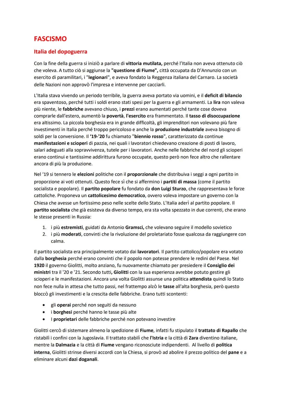 FASCISMO
Italia del dopoguerra
Con la fine della guerra si iniziò a parlare di vittoria mutilata, perché l'Italia non aveva ottenuto ciò
che