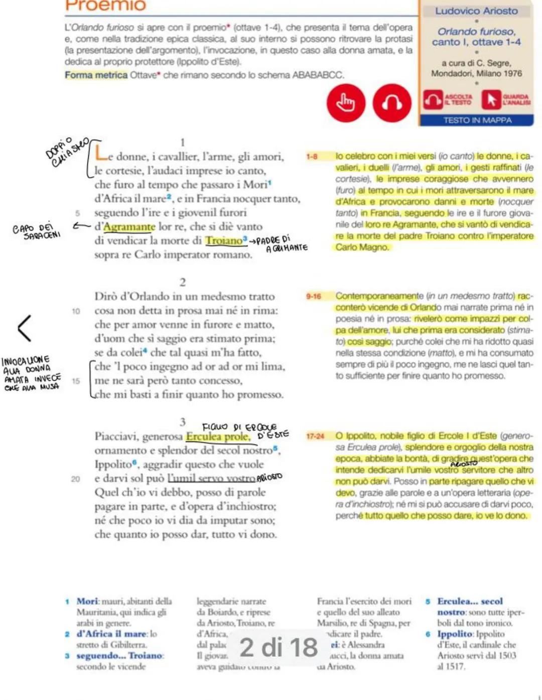 CAPO DE
SARACENI
Proemio
L'Orlando furioso si apre con il proemio* (ottave 1-4), che presenta il tema dell'opera
e, come nella tradizione ep