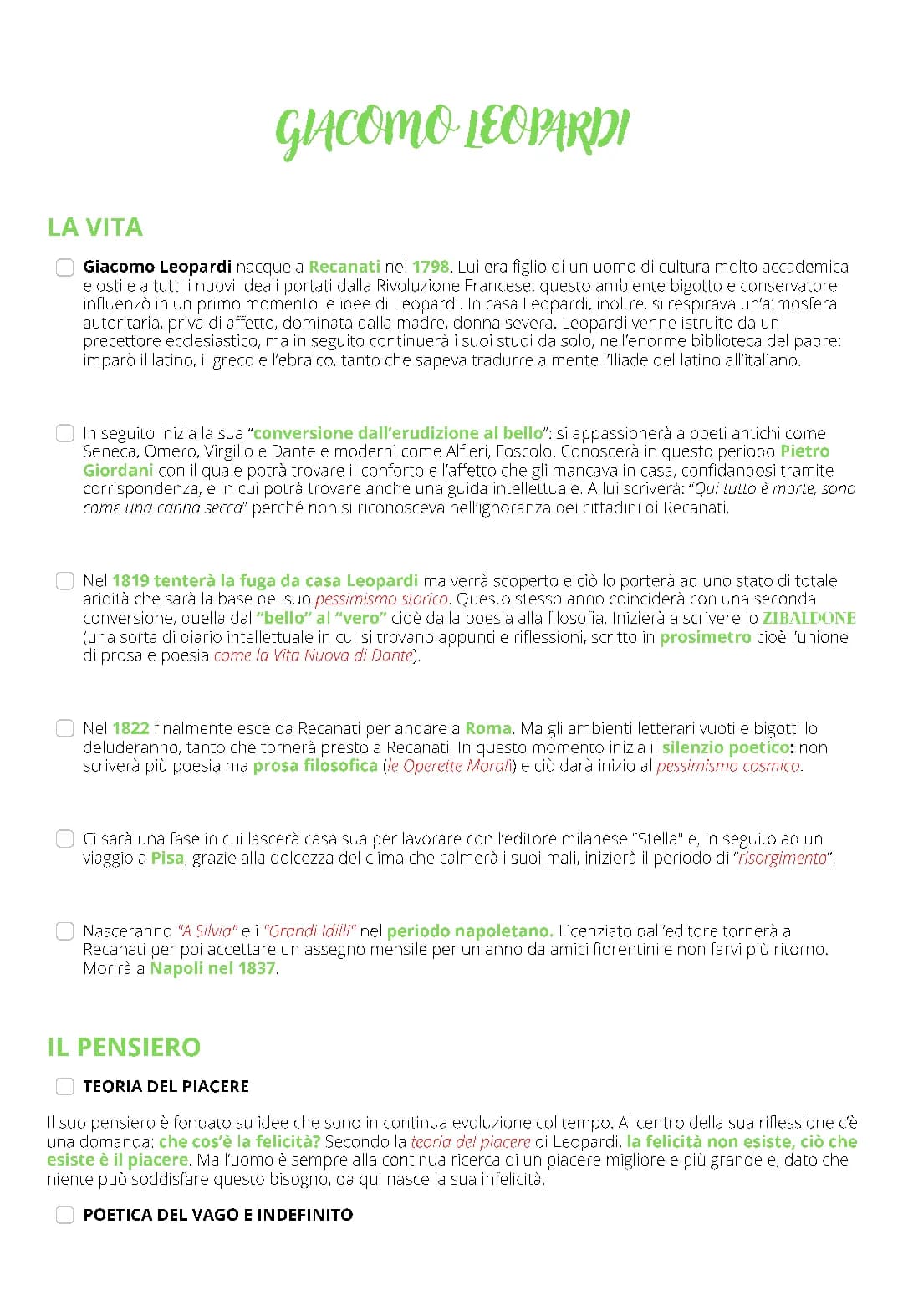Giacomo Leopardi: Vita e Opere - Riassunto Breve e PDF per Tesine