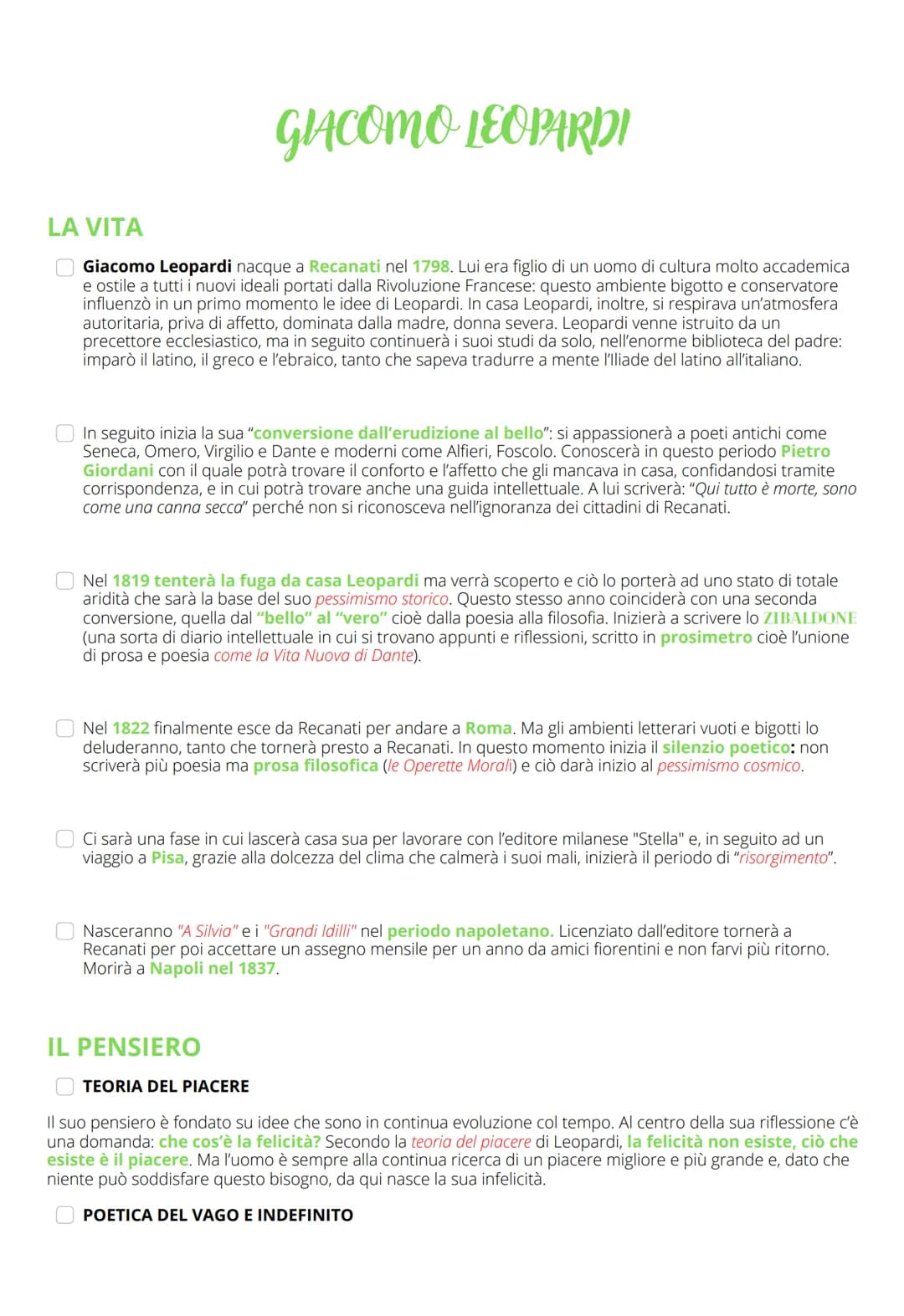 GIACOMO LEOPARDI
LA VITA
Giacomo Leopardi nacque a Recanati nel 1798. Lui era figlio di un uomo di cultura molto accademica
e ostile a tutti