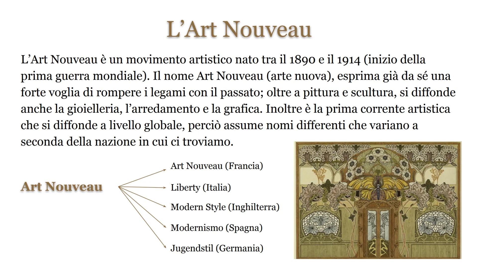 # L'ART NOUVEAU # L'Art Nouveau

L'Art Nouveau è un movimento artistico nato tra il 1890 e il 1914 (inizio della
prima guerra mondiale). Il 