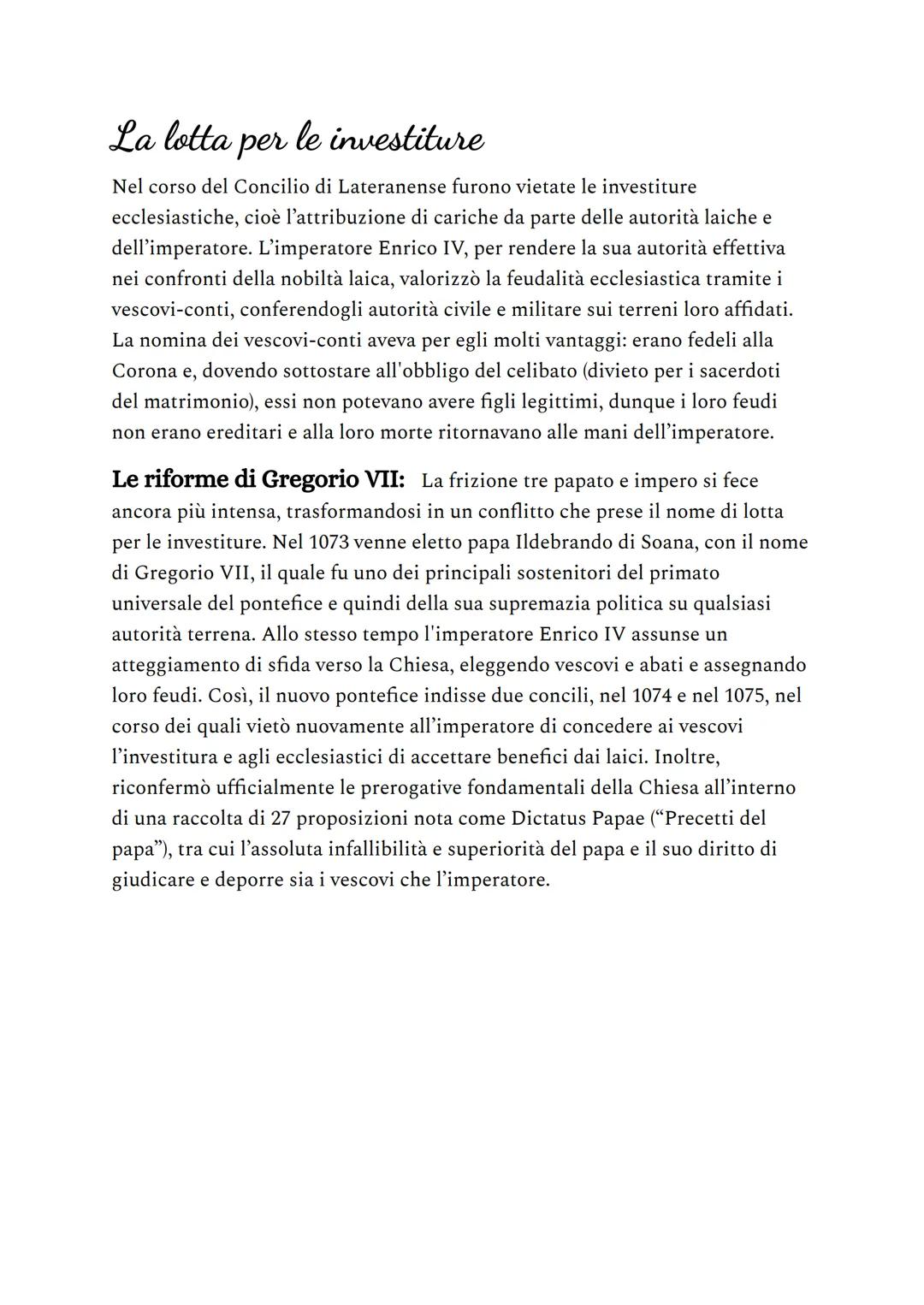 La lotta per le investiture
Nel corso del Concilio di Lateranense furono vietate le investiture
ecclesiastiche, cioè l'attribuzione di caric