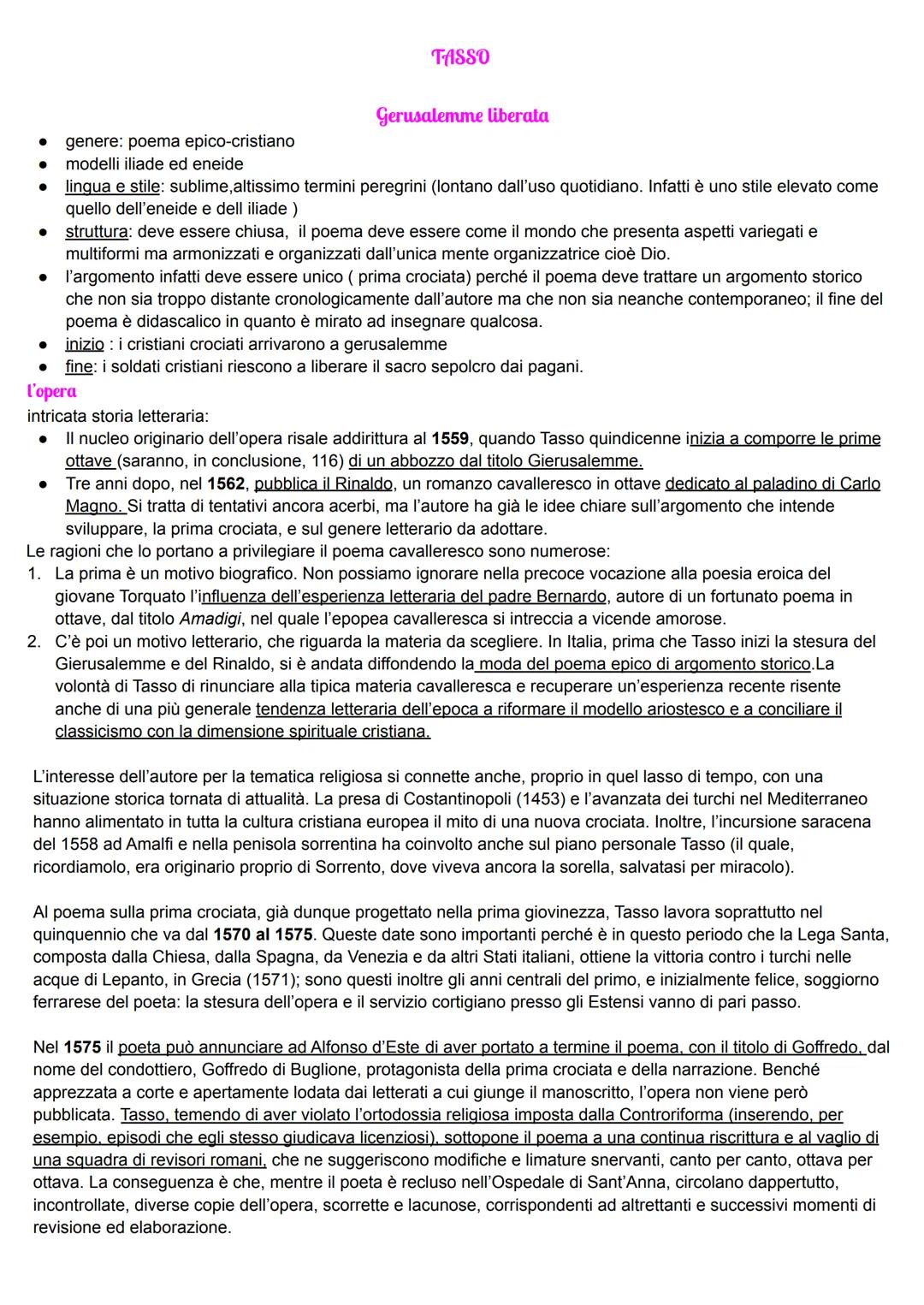 # TASSO

Gerusalemme liberata

*   genere: poema epico-cristiano
*   modelli iliade ed eneide
*   lingua e stile: sublime, altissimo termini