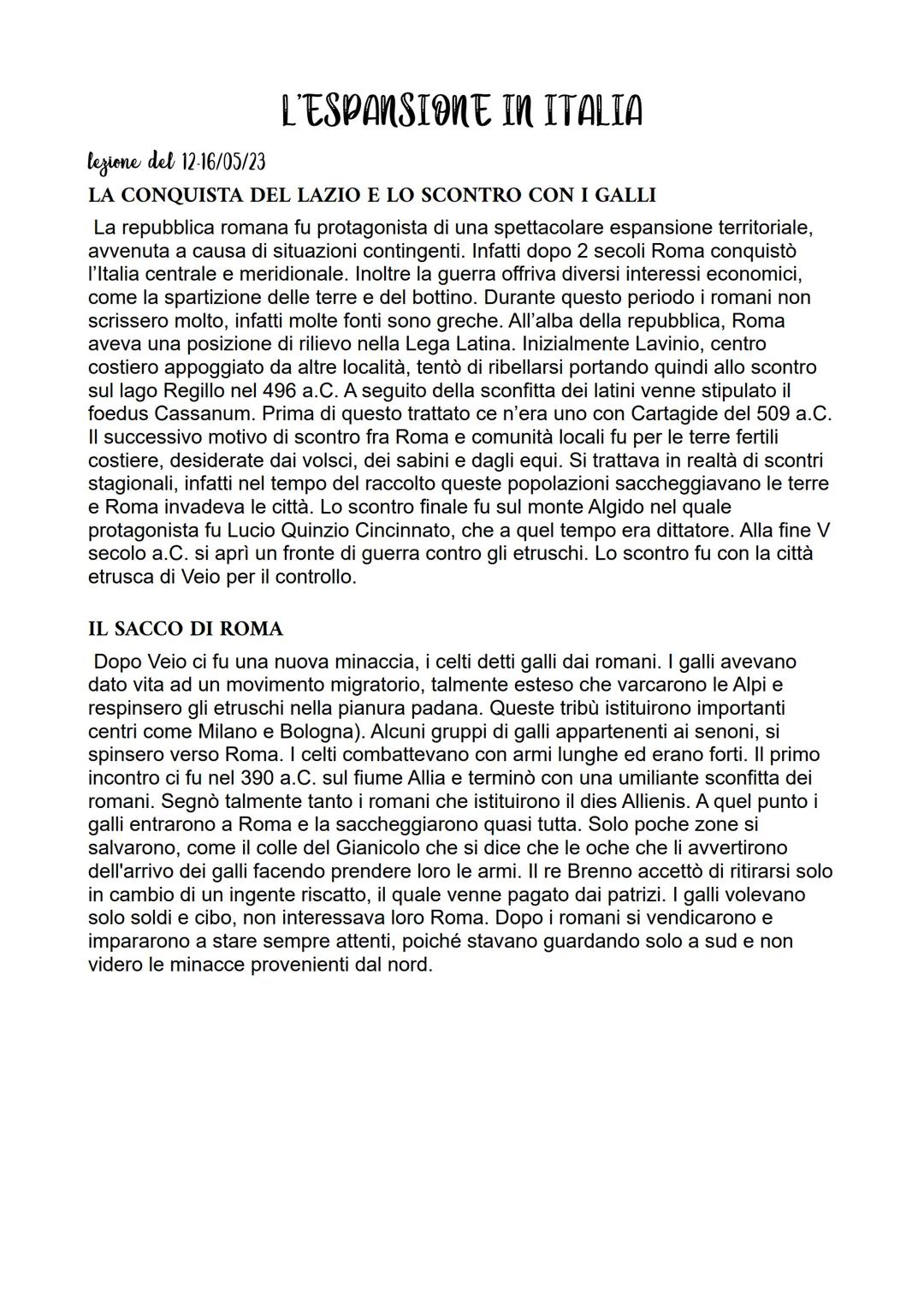 L'ESPANSIONE IN ITALIA
lezione del 12-16/05/23
LA CONQUISTA DEL LAZIO E LO SCONTRO CON I GALLI
La repubblica romana fu protagonista di una s