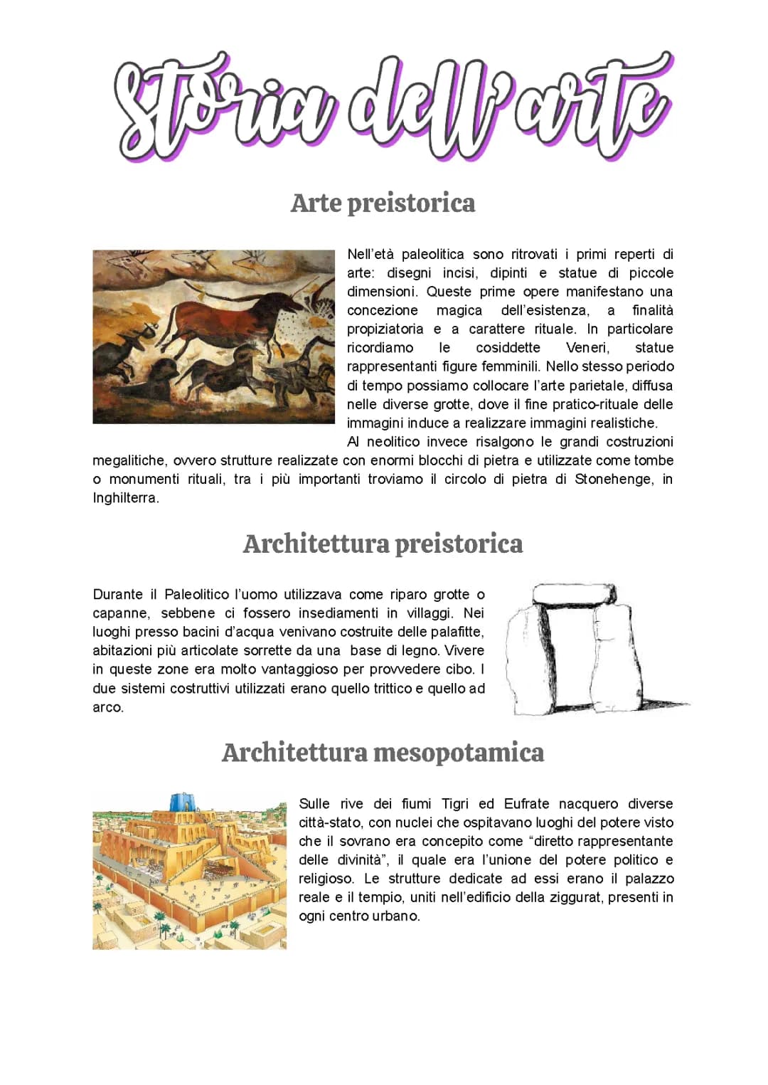 Storia dell'arte preistorica, mesopotamica ed egizi - sintesi/schema/riassunto/appunti