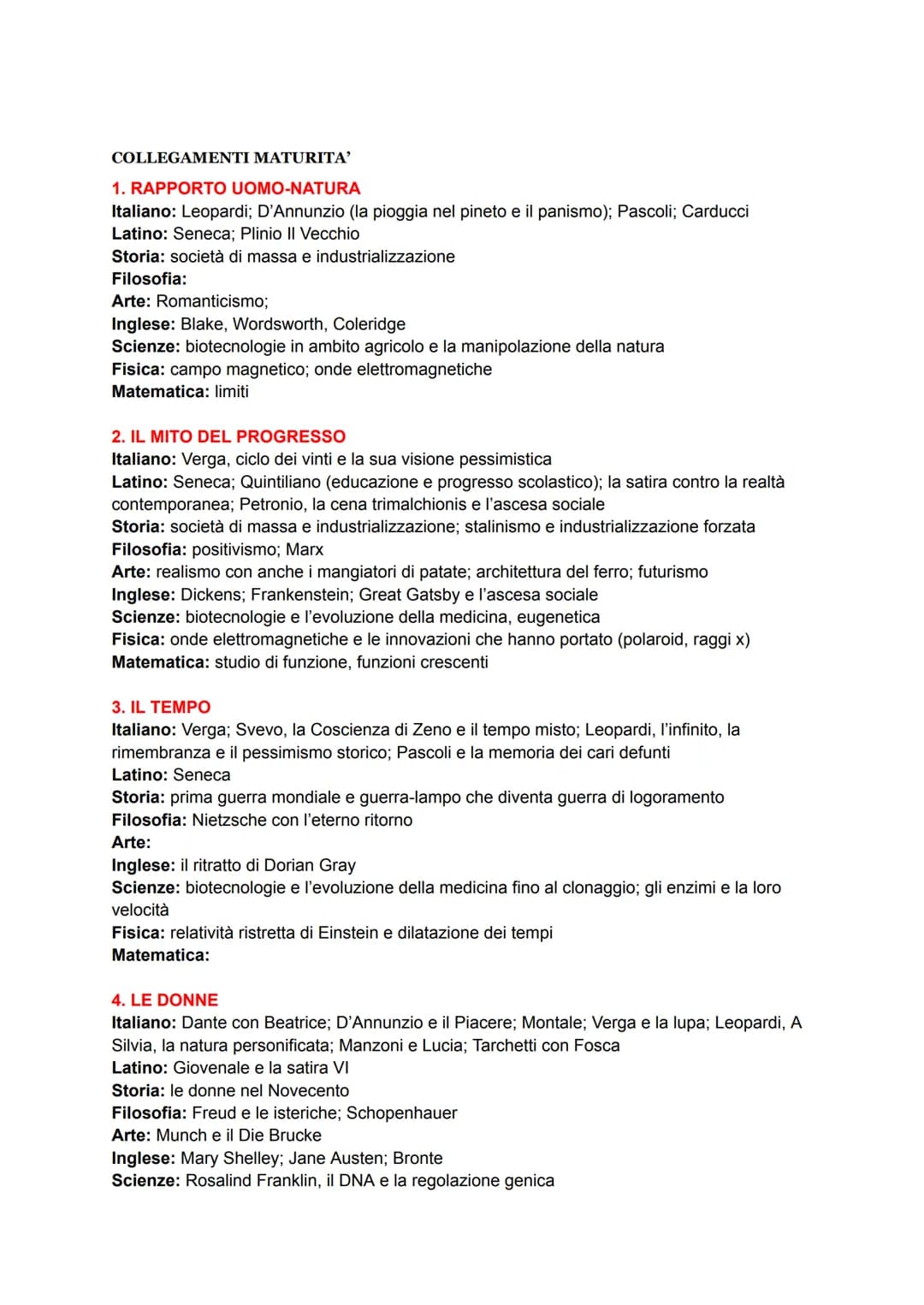 COLLEGAMENTI MATURITA'
1. RAPPORTO UOMO-NATURA
Italiano: Leopardi; D'Annunzio (la pioggia nel pineto e il panismo); Pascoli; Carducci
Latino
