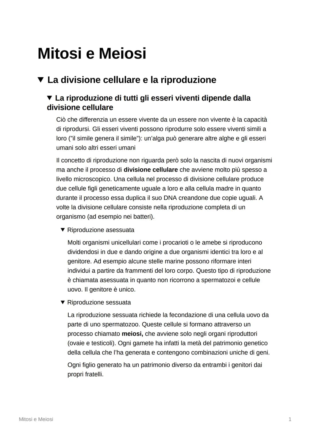 Mitosi e Meiosi
▾ La divisione cellulare e la riproduzione
▾ La riproduzione di tutti gli esseri viventi dipende dalla
divisione cellulare
M