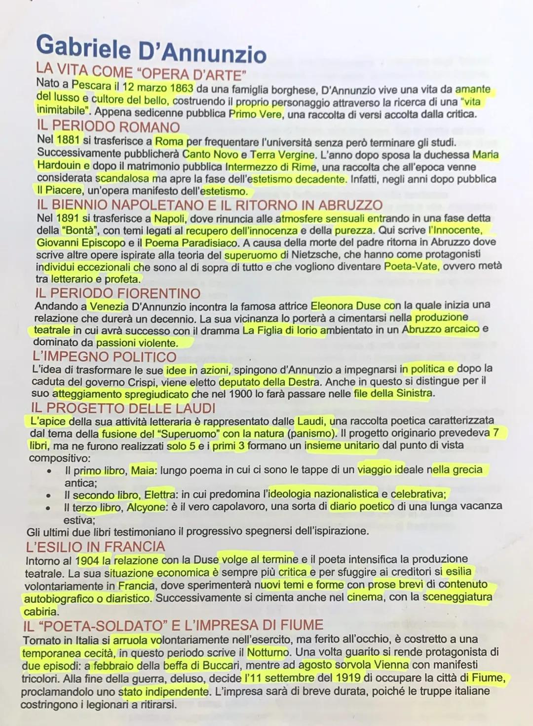 # Gabriele D'Annunzio

LA VITA COME "OPERA D'ARTE"
Nato a Pescara il 12 marzo 1863 da una famiglia borghese, D'Annunzio vive una vita da ama
