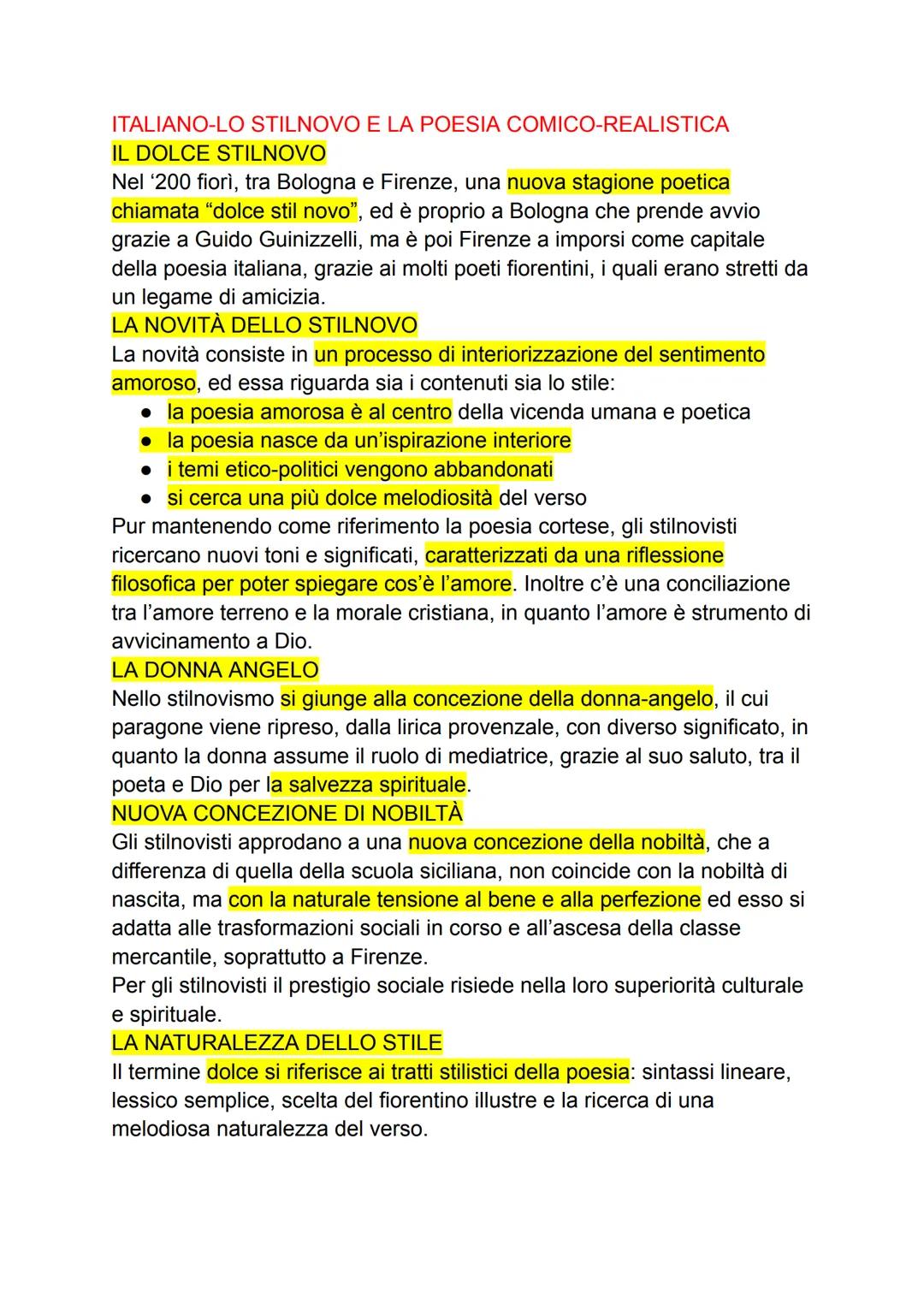 ITALIANO-LO STILNOVO E LA POESIA COMICO-REALISTICA
IL DOLCE STILNOVO
Nel '200 fiorì, tra Bologna e Firenze, una nuova stagione poetica
chiam