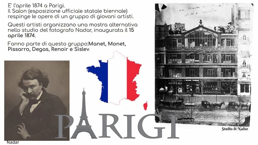 IMPRESSIONISMO
Mene 1925. E' l'aprile 1874 a Parigi.
Il Salon (esposizione ufficiale statale biennale)
respinge le opere di un gruppo di gio