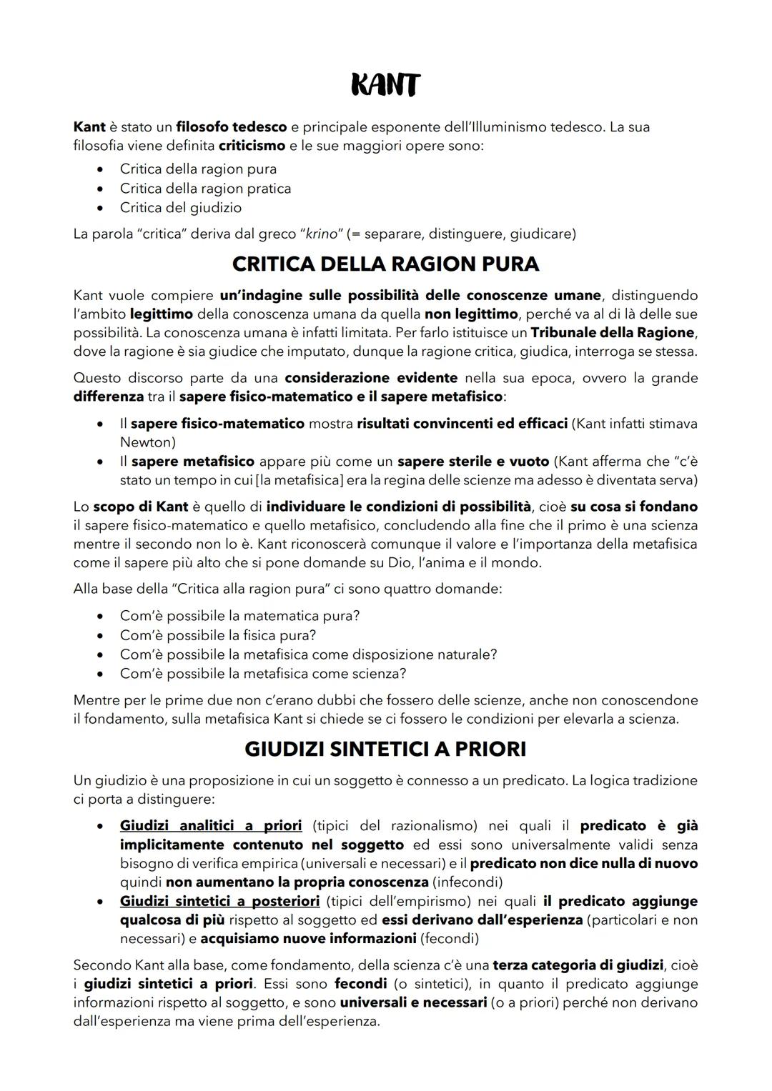 KANT
Kant è stato un filosofo tedesco e principale esponente dell'Illuminismo tedesco. La sua
filosofia viene definita criticismo e le sue m